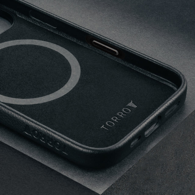 Microfibre lining on the Black Leather Slimline Bumper Case for iPhone 16 Pro