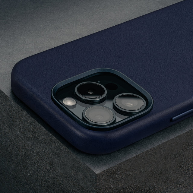 Camera cutout on the Blue Leather Slimline Bumper Case for iPhone 16 Pro