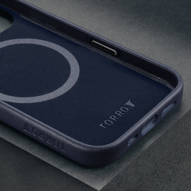 Microfibre lining in the Blue Leather Slimline Bumper Case for iPhone 16 Pro