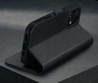Stand function of the Black Leather Case for iPhone 16