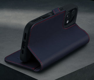 Stand function of the Navy Blue Leather Case for iPhone 16