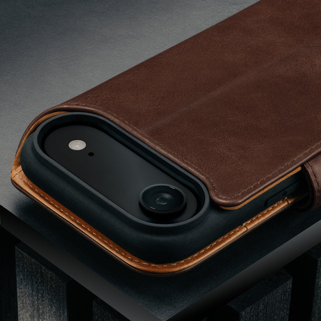 Camera cutout on the Dark Brown Leather Detachable Case for iPhone 17 Air