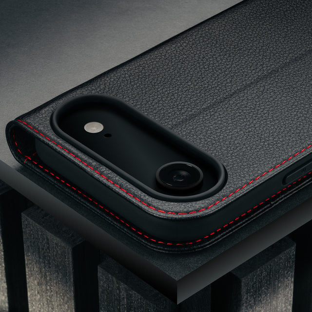Camera cutout on the Black (with Red detail) Leather Case for iPhone 17 Air