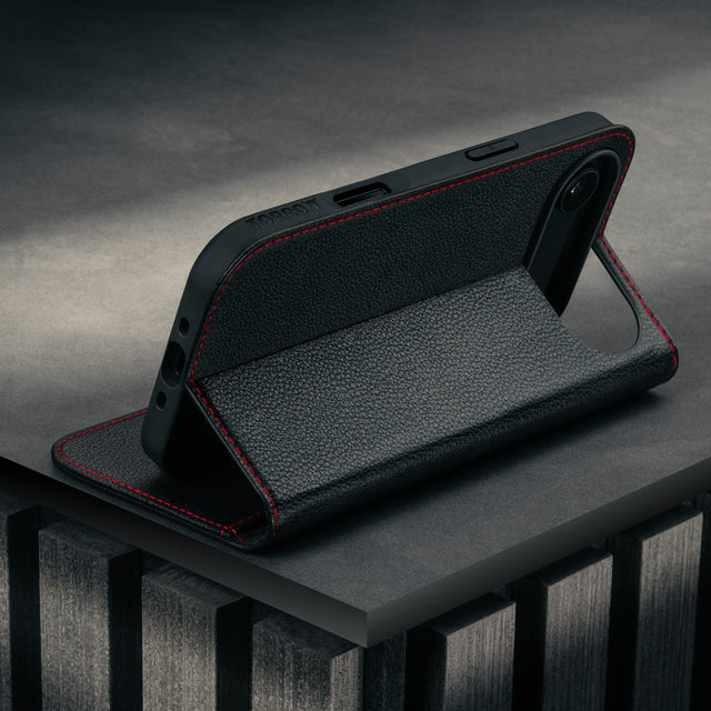 Stand function of the Black (with Red detail) Leather Case for iPhone 17 Air