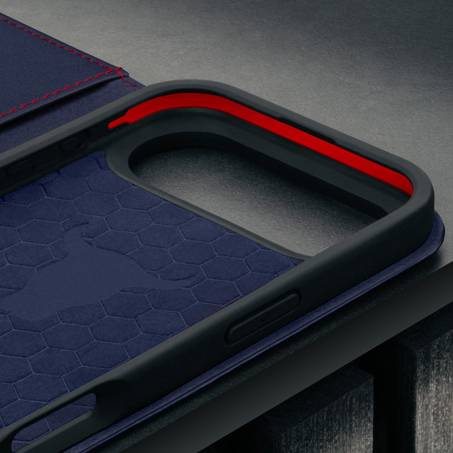 Microfibre lined frame of the Navy Blue Leather Case for iPhone 17 Air