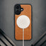 MagSafe charger attached to the Black Leather Detachable Case for iPhone 17
