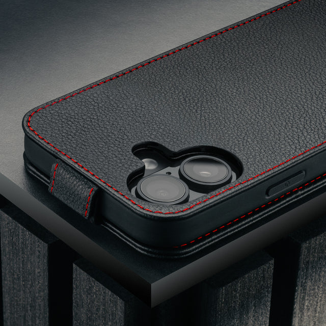 Camera cutout on the Black with Red Stitching Leather Flip Case for iPhone 17