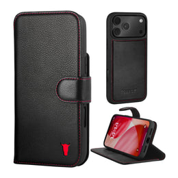 Black with Red Detail Leather Detachable Case for iPhone 17 Pro