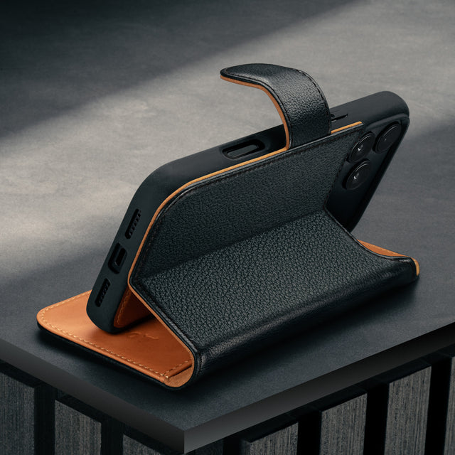Stand function of the Black Leather Detachable Case for iPhone 17 Pro