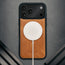 MagSafe charger attached to the Dark Brown Leather Detachable Case for iPhone 17 Pro