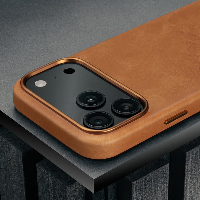 Camera cutout on the Slimline Light Brown / Tan Leather Bumper Case for iPhone 17 Pro Max