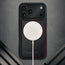 MagSafe charger attached to the Black with Red Detail Leather Detachable Case for iPhone 17 Pro Max