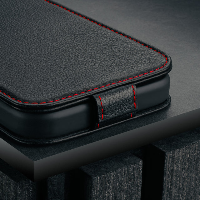 Magnetic closure clasp on the Black with Red Stitching Leather Flip Case for iPhone 17 Pro Max