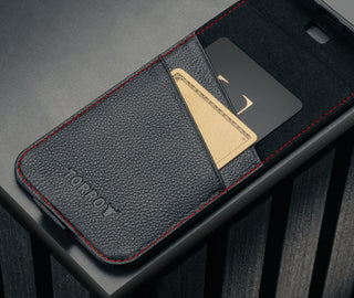 Card holder inside the Black with Red Stitching Leather Flip Case for iPhone 17 Pro Max