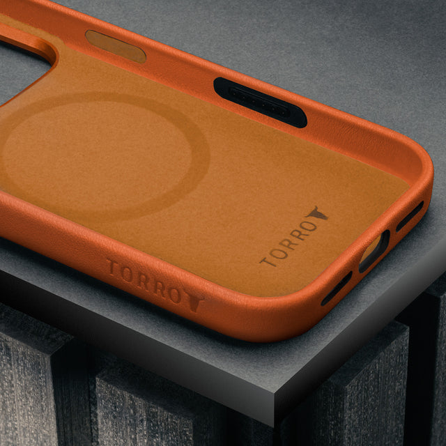Microfibre lined frame of the Slimline Orange Leather Bumper Case for iPhone 17 Pro Max