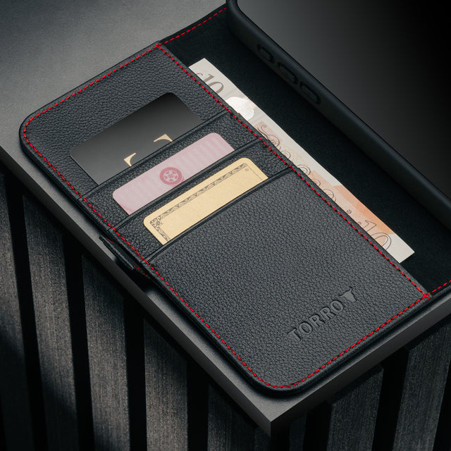 Card holder inside the Black Leather Case (with Red Stitching) for iPhone 17 Pro Max