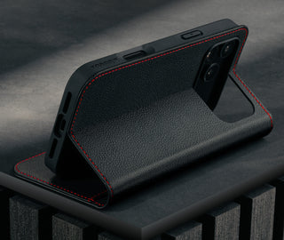 Stand function of the Black Leather Case (with Red Stitching) for iPhone 17 Pro Max