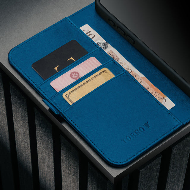 Card holder inside the Cobalt Blue Leather Case for iPhone 17 Pro Max