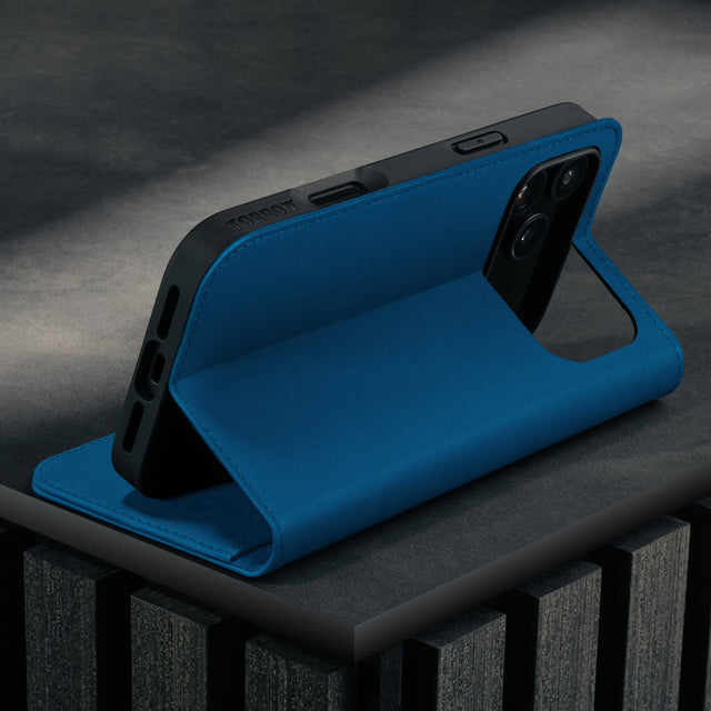 Stand function of the Cobalt Blue Leather Case for iPhone 17 Pro Max