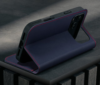Stand function of the Navy Blue Leather Case (with Red Stitching) for iPhone 17 Pro Max