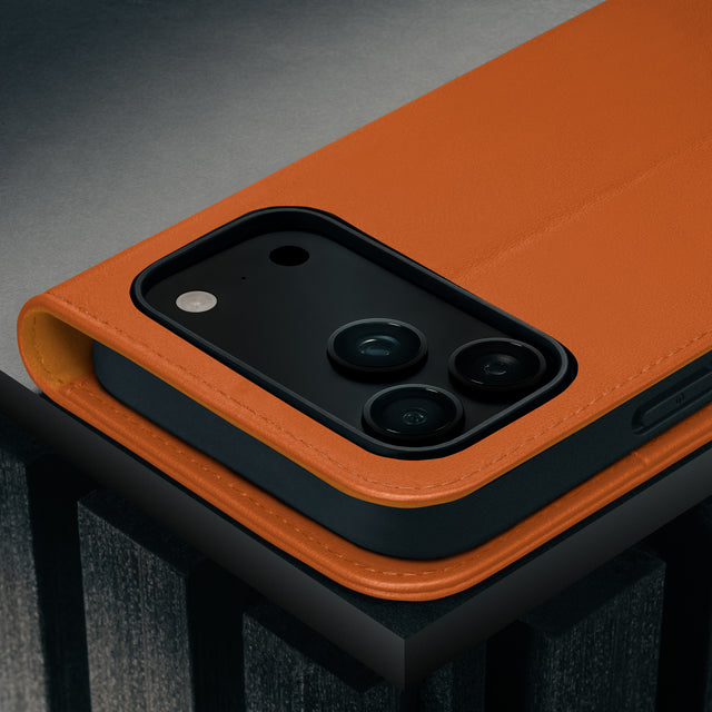 Camera cutout on the Orange Leather Case for iPhone 17 Pro Max
