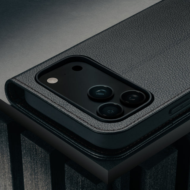Camera cutout on the Black Leather Case for iPhone 17 Pro