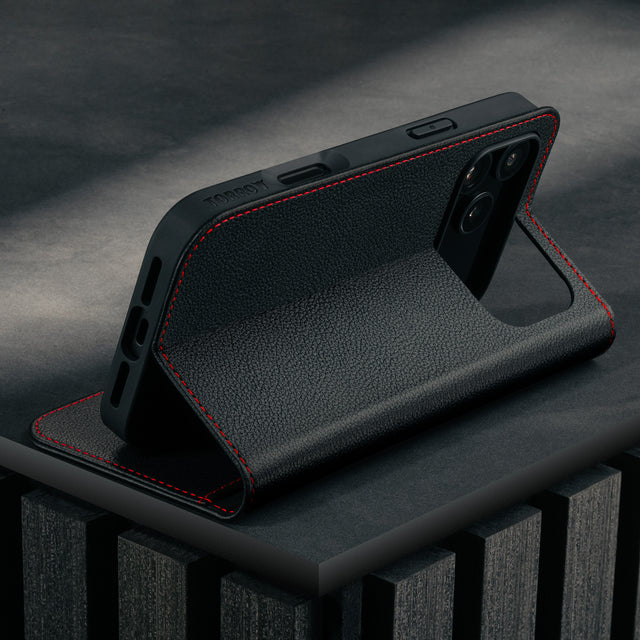 Stand function of the Black Leather Case (with Red Stitching) for iPhone 17 Pro