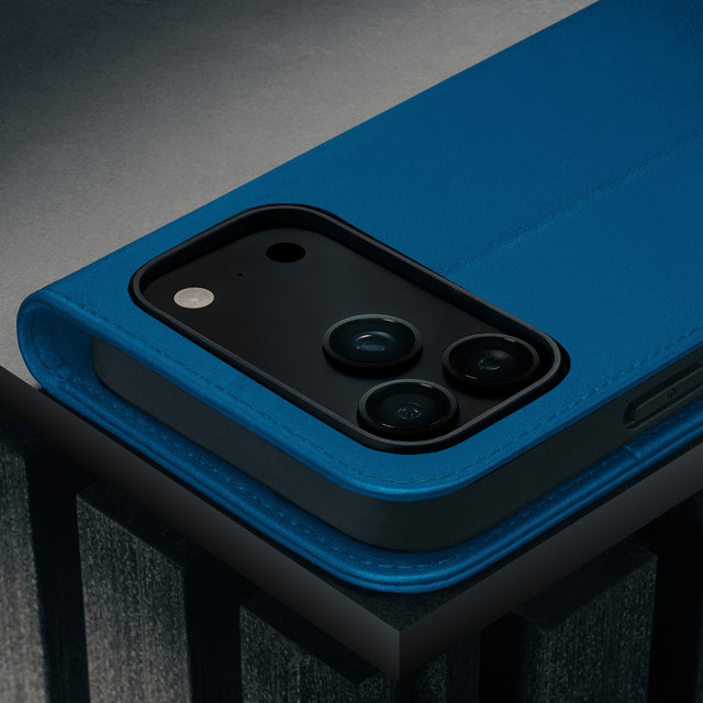 Camera cutout on the Cobalt Blue Leather Case for iPhone 17 Pro