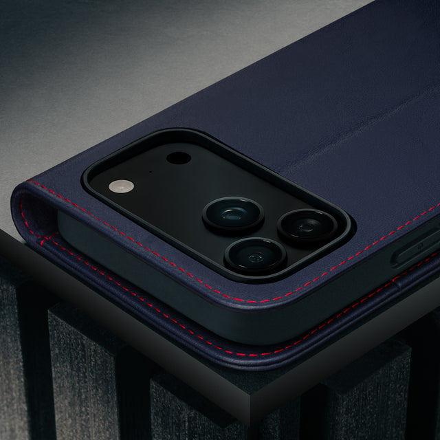 Camera cutout on the Navy Blue Leather Case for iPhone 17 Pro