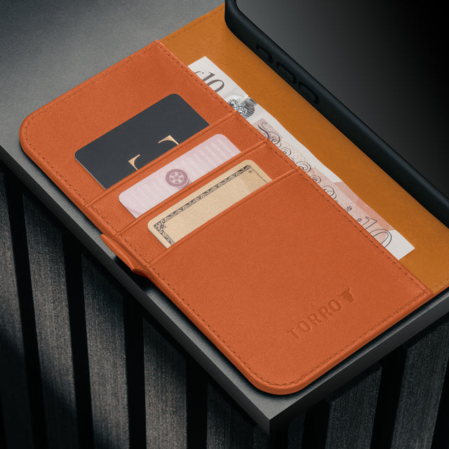 Card holder inside the Stand function of the Orange Leather Case for iPhone 17 Pro Max