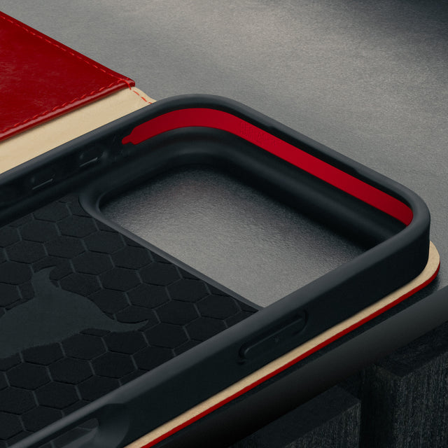 Microfibre lined frame of the Red Leather Case for iPhone 17 Pro