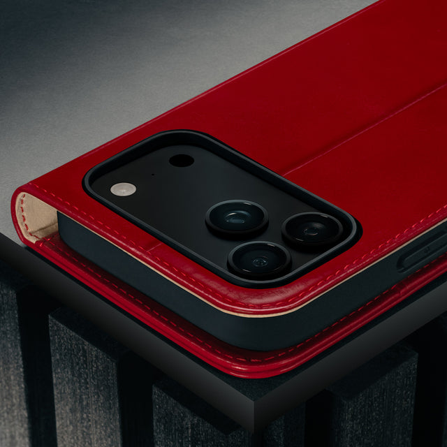 Camera cutout on the Red Leather Case for iPhone 17 Pro