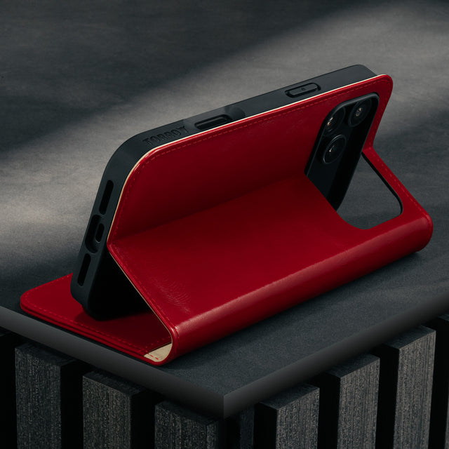 Stand function of the Red Leather Case for iPhone 17 Pro