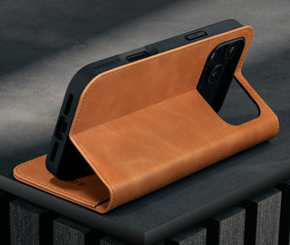Stand function of the Tan Leather Case for iPhone 17 Pro