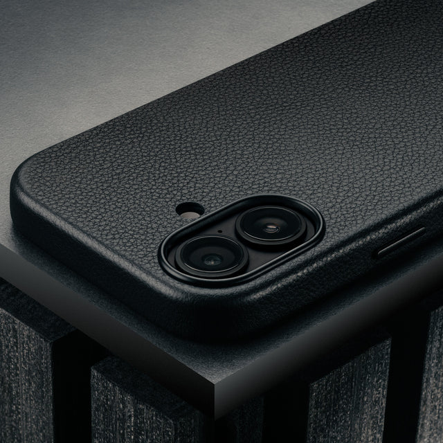 Camera cutout on the Black Leather Bumper Case for iPhone 17