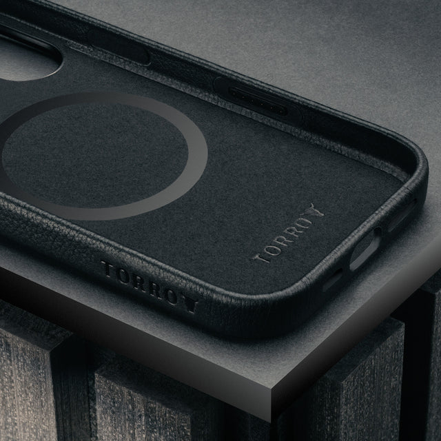 Microfibre lining in the Black Leather Bumper Case for iPhone 17