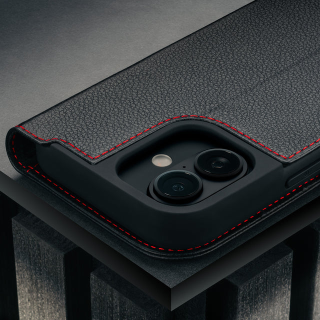 Camera cutout of the Black (with Red Detail) Leather Case for iPhone 17