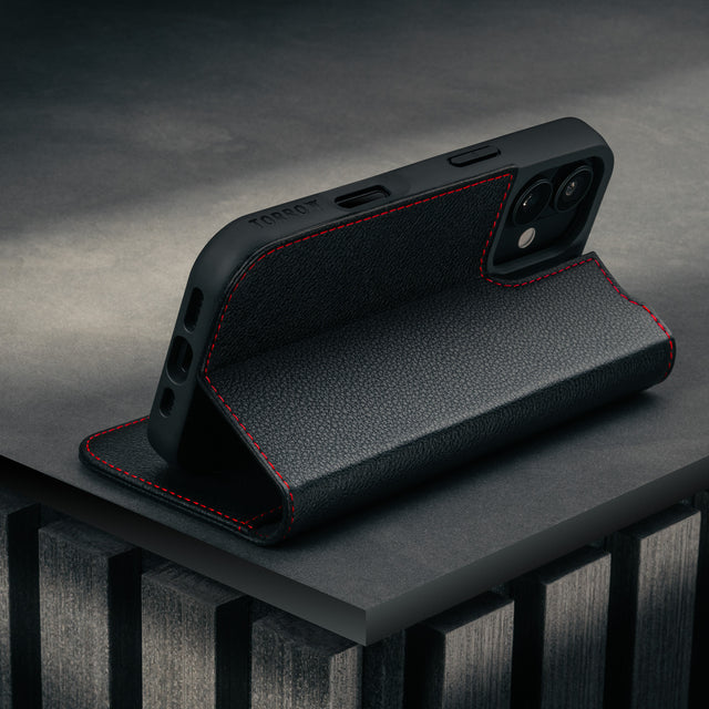Stand function of the Black (with Red Detail) Leather Case for iPhone 17