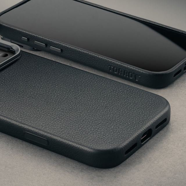 Close up of the Black Leather Bumper Case (with Camera Stand) for iPhone 18 / 17 Pro Max