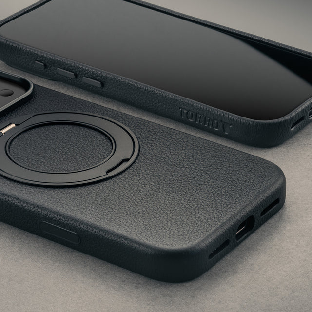 Close up of the Black Leather Bumper Case with Rotating Stand for iPhone 17 Pro Max