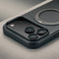 Camera cutout on the Black Leather Bumper Case with Rotating Stand for iPhone 17 Pro