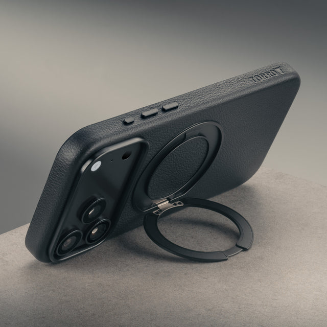 Stand function of the Black Leather Bumper Case with Rotating Stand for iPhone 17 Pro