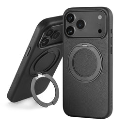 Black Leather Bumper Case with Rotating Stand for iPhone 17 Pro