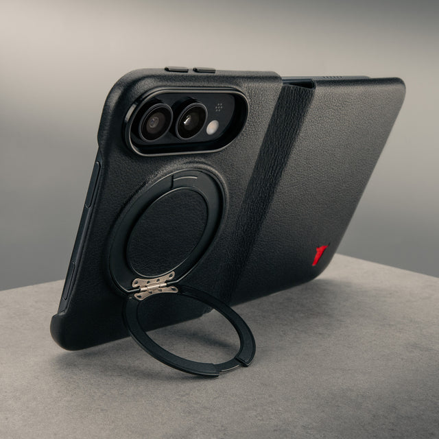 Rotating stand function of the Black with red detail Leather Folio Case (with Rotating Stand) for the iPhone Ultra