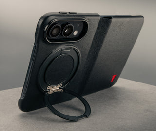 Rotating stand function of the Black with red detail Leather Folio Case (with Rotating Stand) for the iPhone Ultra