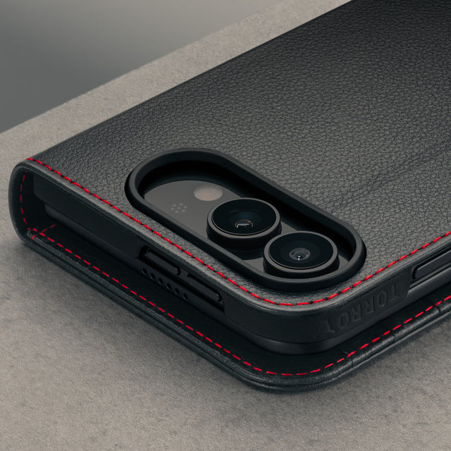 Camera cutout on the Black with Red detail Leather Wallet Case for the iPhone Ultra