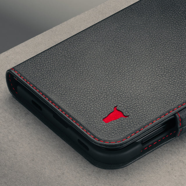 Black with Red detail Leather Wallet Case for the iPhone Ultra
