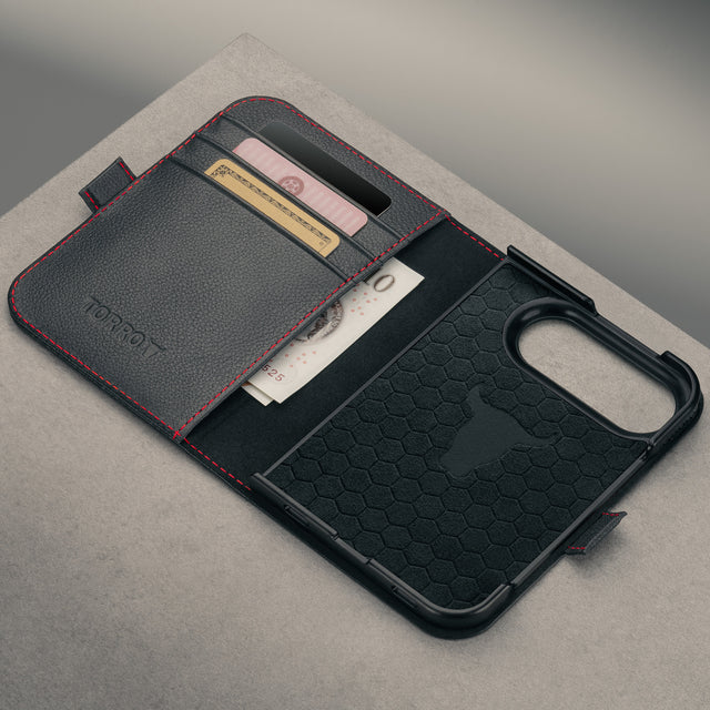Card slots and microfibre lining inside the Black with Red detail Leather Wallet Case for the iPhone Ultra