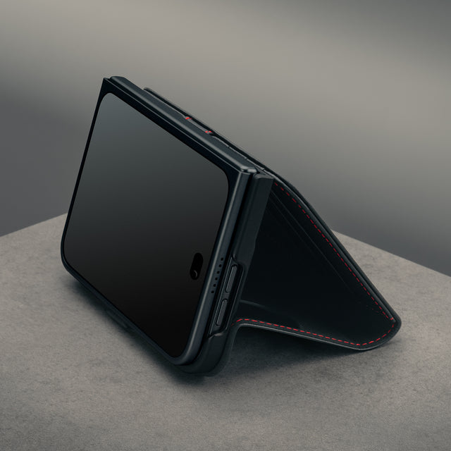 Integrated stand function of the Black with Red detail Leather Wallet Case for the iPhone Ultra