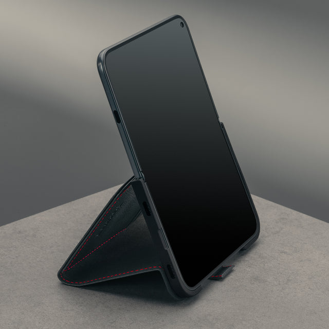 Integrated stand function of the Black with Red detail Leather Wallet Case for the iPhone Ultra